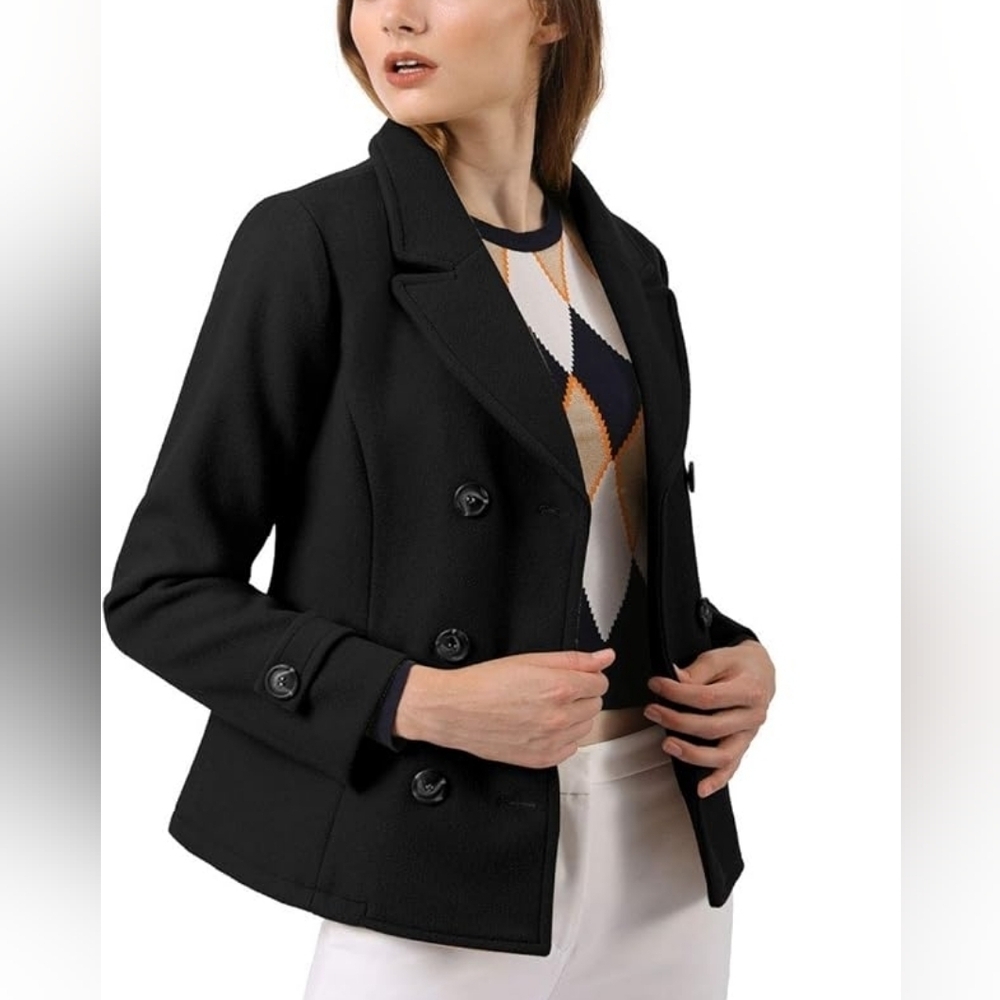 Allegra K Women's Black Double Breasted Lined Pea Coat Size XXL